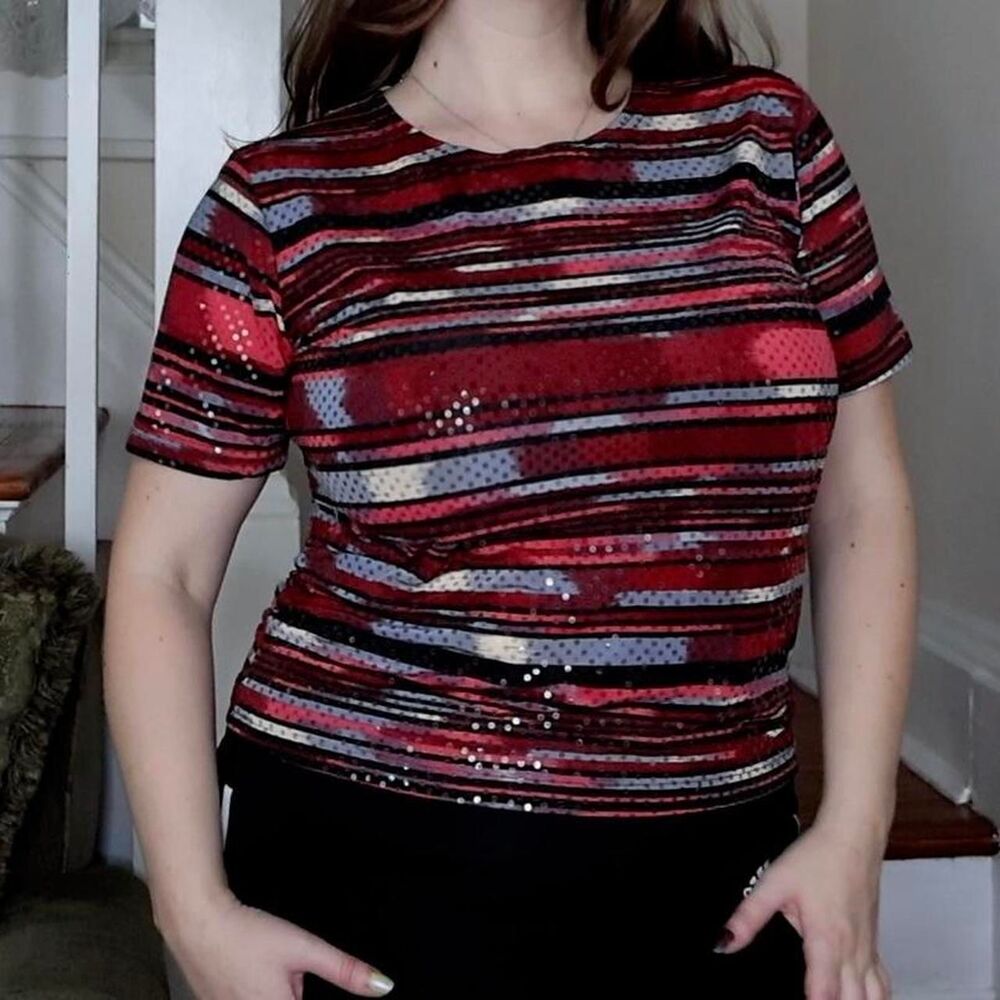Sequin Short Sleeve Striped Top Small Kathie Lee Collection Sparkly Y2K 90s